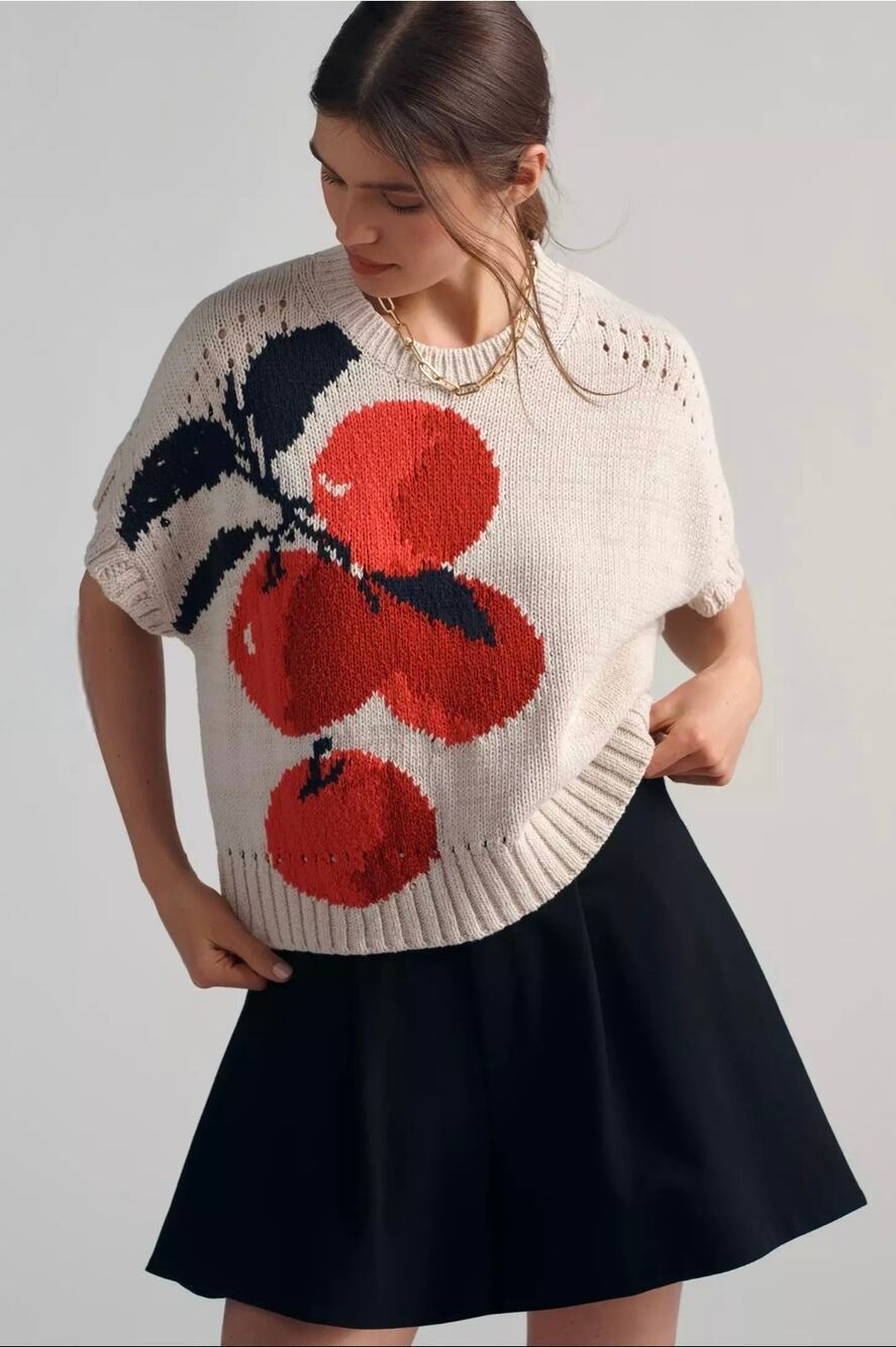 NWT Maeve Short-Sleeve Crew-Neck Veggie Motif Graphic Sweater. Size L. Ret. $128